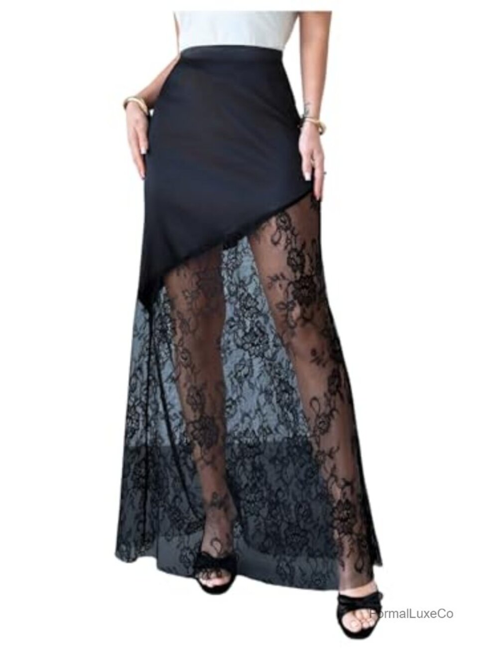 Satin Lace Maxi Skirt Y2k High Waisted Sheer Silk Evening Party Skirt